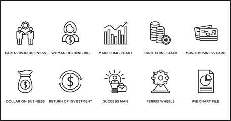 business outline icons set. thin line icons such as marketing chart, euro coins stack, music business card, dollar on business time, return of investment, success man, ferris wheels vector.