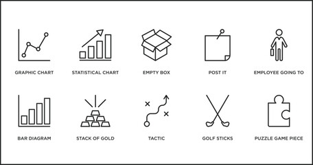 business outline icons set. thin line icons such as empty box, post it, employee going to work, bar diagram, stack of gold, tactic, golf sticks vector.