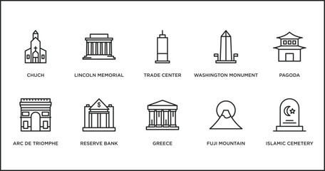 buildings collection. outline icons set. thin line icons such as trade center, washington monument, pagoda, arc de triomphe, reserve bank, greece, fuji mountain vector.