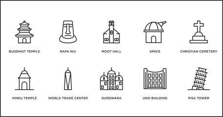 buildings outline icons set. thin line icons such as moot hall, space, christian cemetery, hindu temple, world trade center, gurdwara, uno building vector. - obrazy, fototapety, plakaty