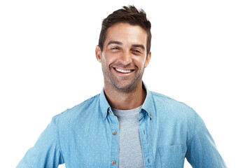 Fototapeta premium Portrait of happy man, denim fashion and confidence in Portugal isolated on transparent png background. Casual shirt, relax and real face of male model with smile in trendy modern style with pride.