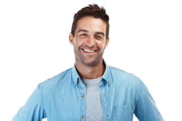Portrait of happy man, denim fashion and confidence in Portugal isolated on transparent png background. Casual shirt, relax and real face of male model with smile in trendy modern style with pride.