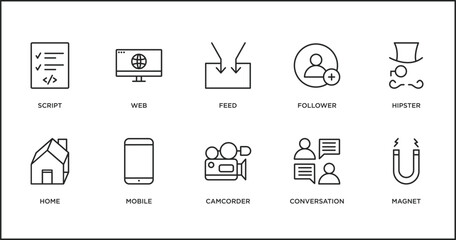 blogger and influencer outline icons set. thin line icons such as feed, follower, hipster, home, mobile, camcorder, conversation vector.