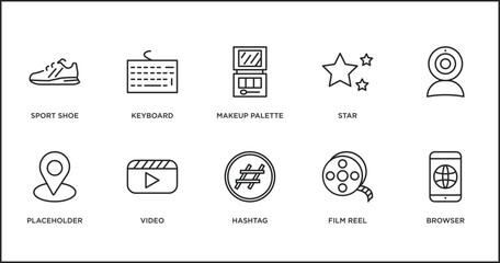 blogger and influencer outline icons set. thin line icons such as makeup palette, star, , placeholder, video, hashtag, film reel vector.
