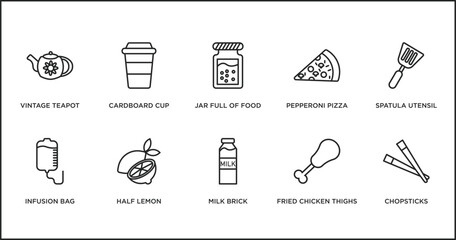 bistro and restaurant outline icons set. thin line icons such as jar full of food, pepperoni pizza slice, spatula utensil, infusion bag, half lemon, milk brick, fried chicken thighs vector.