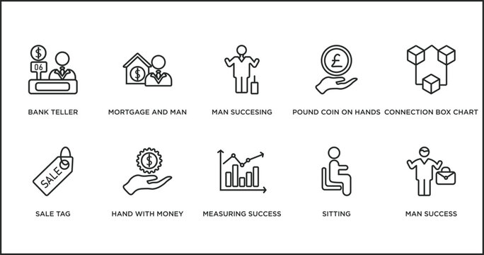 business outline icons set. thin line icons such as man succesing, pound coin on hands, connection box chart, sale tag, hand with money gear, measuring success, sitting vector.