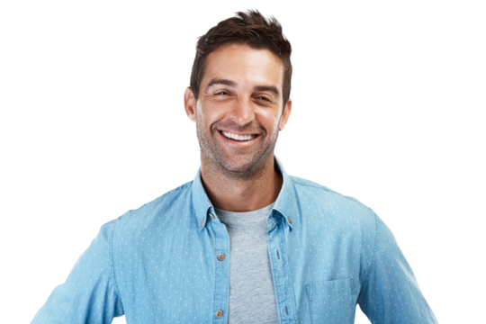 Portrait of happy man, denim fashion and confidence in Portugal isolated on transparent png background. Casual shirt, relax and real face of male model with smile in trendy modern style with pride.