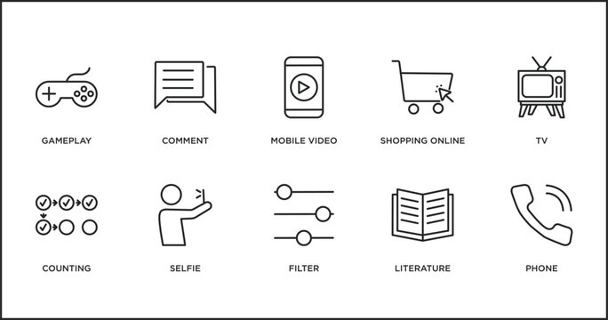 blogger and influencer outline icons set. thin line icons such as mobile video, shopping online, tv, counting, selfie, filter, literature vector.