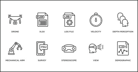 artificial intelligence outline icons set. thin line icons such as log file, velocity, depth perception, mechanical arm, survey, stereoscope, view vector.