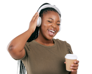 Headphones, black woman and singing music with coffee and happy from radio. Excited smile, African female person and hearing audio and listening with tea isolated on a transparent, png background