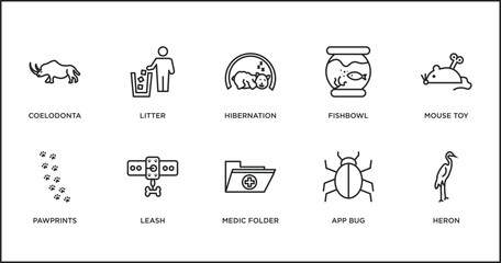 animals outline icons set. thin line icons such as hibernation, fishbowl, mouse toy, pawprints, leash, medic folder, app bug vector.