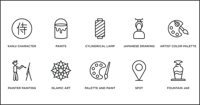 Art Outline Icons Set. Thin Line Icons Such As Cylindrical Lamp, Japanese Drawing, Artist Color Palette, Painter Painting, Islamic Art, Palette And Paint Brush, Spot Vector.