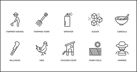 agriculture farming outline icons set. thin line icons such as sprayer, sugar, cereals, billhook, hen, chicken coop, farm field vector. © IconArt