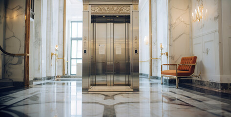 a real photo of a luxury hotel elevator on a white