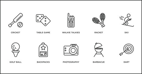 outdoor activities outline icons set. thin line icons such as walkie talkies, racket, skii, golf ball, backpacks, photography, barbacue vector.