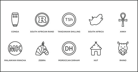 africa outline icons set. thin line icons such as tanzanian shilling, south africa, ankh, malawian kwacha, zebra, moroccan dirham, hut vector.