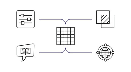 web outline icons set. thin line icons such as sliders, overlay, grid on, book and speech bubble, world web vector.