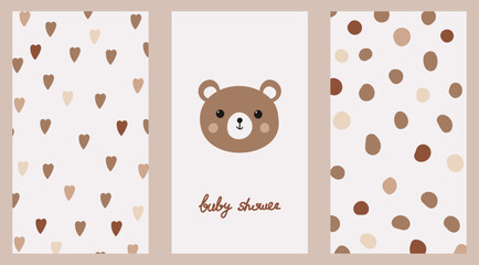 Hand drawn baby shower set. Cute bear in boho style. Pastel patterns for decoration. A funny vector set for a baby's birthday party. Decor for postcards, decoration of stories in social media.