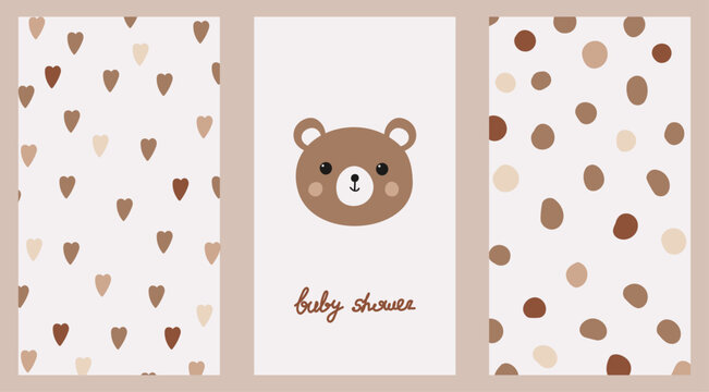 Hand drawn baby shower set. Cute bear in boho style. Pastel patterns for decoration. A funny vector set for a baby's birthday party. Decor for postcards, decoration of stories in social media.