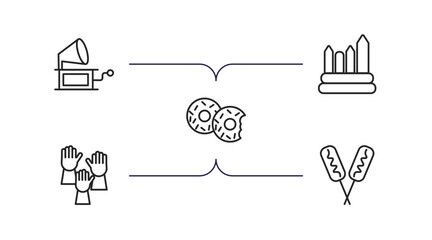 united states of america outline icons set. thin line icons such as gramophone, albuquerque, donut, democracy, corndog vector.