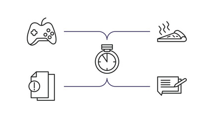 ultimate glyphicons outline icons set. thin line icons such as game controller cross, pizza piece, time almost full, exclamation file, writing message vector.