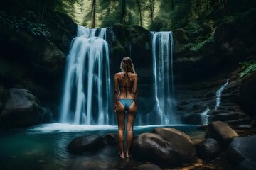 Fototapeta na wymiar A woman standing in binky looking at waterfall in the forest generated by AI tool