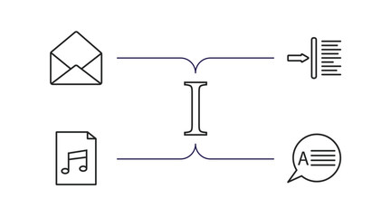 user interface outline icons set. thin line icons such as open envelope, indent, italic, music file, answer vector.