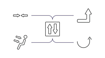 user interface outline icons set. thin line icons such as turn, right up arrow, elevator arrows, air outlet, semicircular up arrow vector.