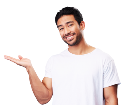 Asian man, portrait and hands advertising presentation of advice isolated on transparent png background. Happy model show promotion of deal, sale and announcement of news, review or product placement