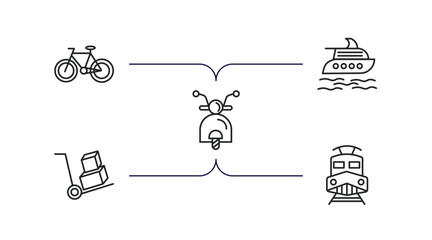 transport outline icons set. thin line icons such as bicycle side view, luxury yacht, motorbike, cart with boxes, diesel train vector.