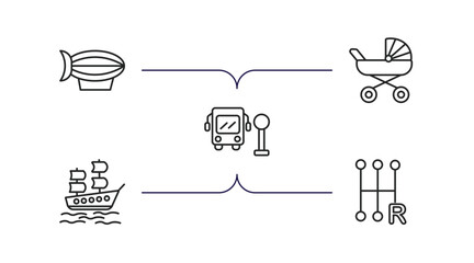 transport outline icons set. thin line icons such as blimp, babysitter, school bus stop, galleon, shift vector.