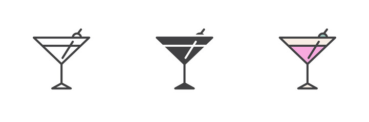 Martini glass with olive different style icon set