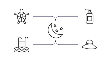 summer outline icons set. thin line icons such as sea turtle, dispenser, moon, swimming pool ladder, pamela hat vector.
