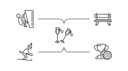 sports outline icons set. thin line icons such as climber, work bench, ski poles, skiing down hill, golf champion vector.