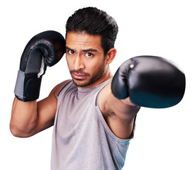 Boxing, man and portrait with gloves for punch isolated on transparent png background for sports,...