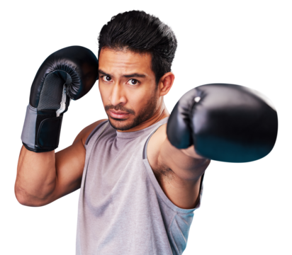 Boxing, man and portrait with gloves for punch isolated on transparent png background for sports, challenge and champion. Strong asian boxer hit for fighting, fitness action and power for competition - Powered by Adobe
