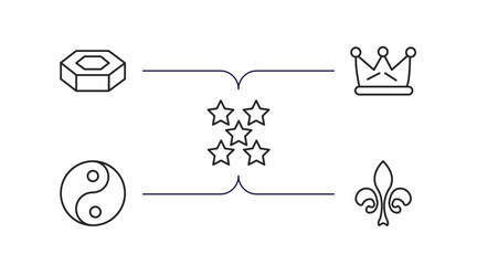 shapes outline icons set. thin line icons such as hexagonal prism, royalties, star with number five, yin and yang, fleur de lis vector. © IconArt