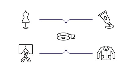 sew collection. thin outline icons set. thin line icons such as dummy, paint tube, tape, cutting, jacket vector.