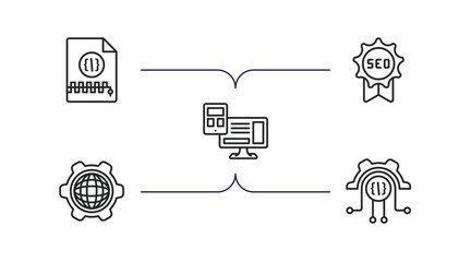 programming outline icons set. thin line icons such as archive, seo badge, adaptive layout, cyberspace, engineering vector.