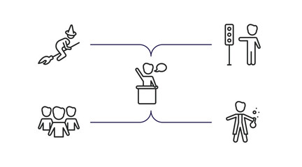 people outline icons set. thin line icons such as witch flying broom, traffic hand, leader speech, team work success, chemist working vector.