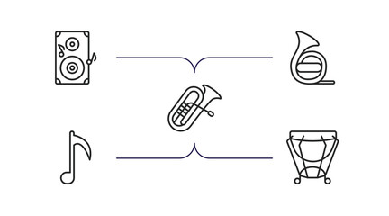 music outline icons set. thin line icons such as speaker, horn, tuba, music note, kettledrum vector.