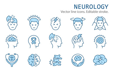 Neurology flat icons, such as brain tumors, dementia, multiple sclerosis, epilepsy and more. Editable stroke.