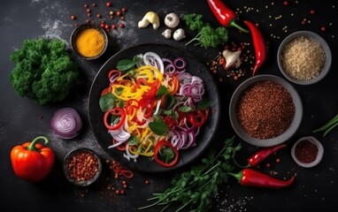 Obraz na płótnie Canvas Top view different seasonings with fresh vegetables
