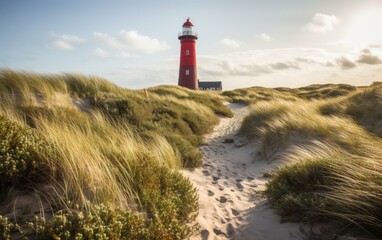 Red lighthouse near the North Sea coast, Sylt - obrazy, fototapety, plakaty