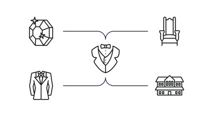 luxury outline icons set. thin line icons such as gems, throne, tuxedo, suit, cottage vector.