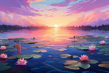 Impressionist Environment: Sunset Over Peaceful Lake. Generative AI