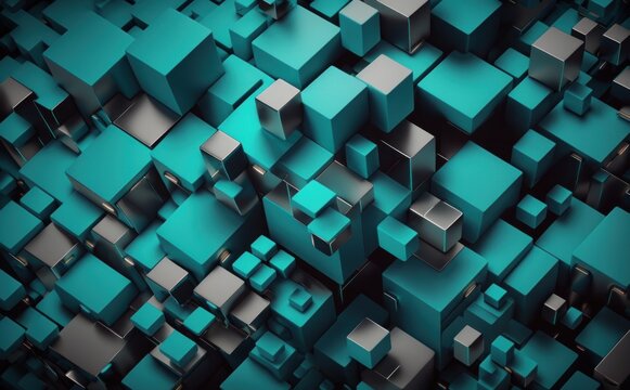 Modern Tech Wallpaper with Neatly Arranged Multisized Cubes. Teal and Turquoise