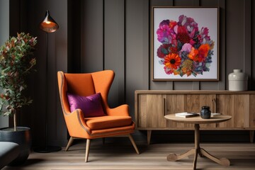 Wing Chair near Rustic Wooden Coffee Table: Scandinavian Living Room Interior with Frames Generative AI