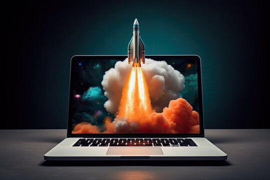 Launching Space Rocket From Laptop Screen Generative AI