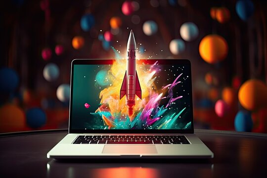 Launching Space Rocket From Laptop Screen Generative AI